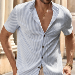 Camisa casual a rayas manga corta, color celeste