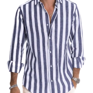 Camisa casual de manga larga con botones y a rayas azul y blanco. Muy versátil con las temporadas.