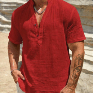 Camisa roja manga corta, ajuste suelto y con medios abotonado