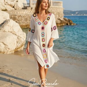 Vestido holgado de cubierta manga corta, cuello en V.